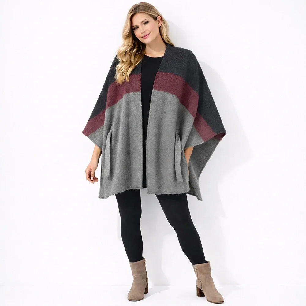 Apt 9 Oversized Colorblock Cozy Shawl Wrap Belted Poncho - Picture 2 of 7